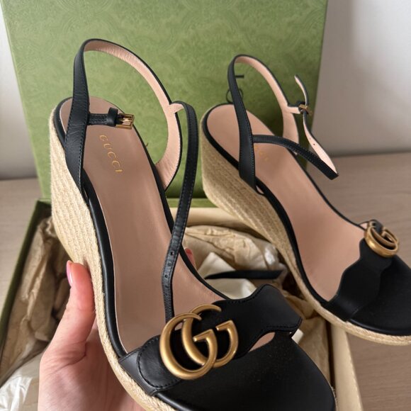 NWT Gucci 85mm GG Platform Espadrilles Sandal Beige Jute Wedge Black Leather - Picture 7 of 12